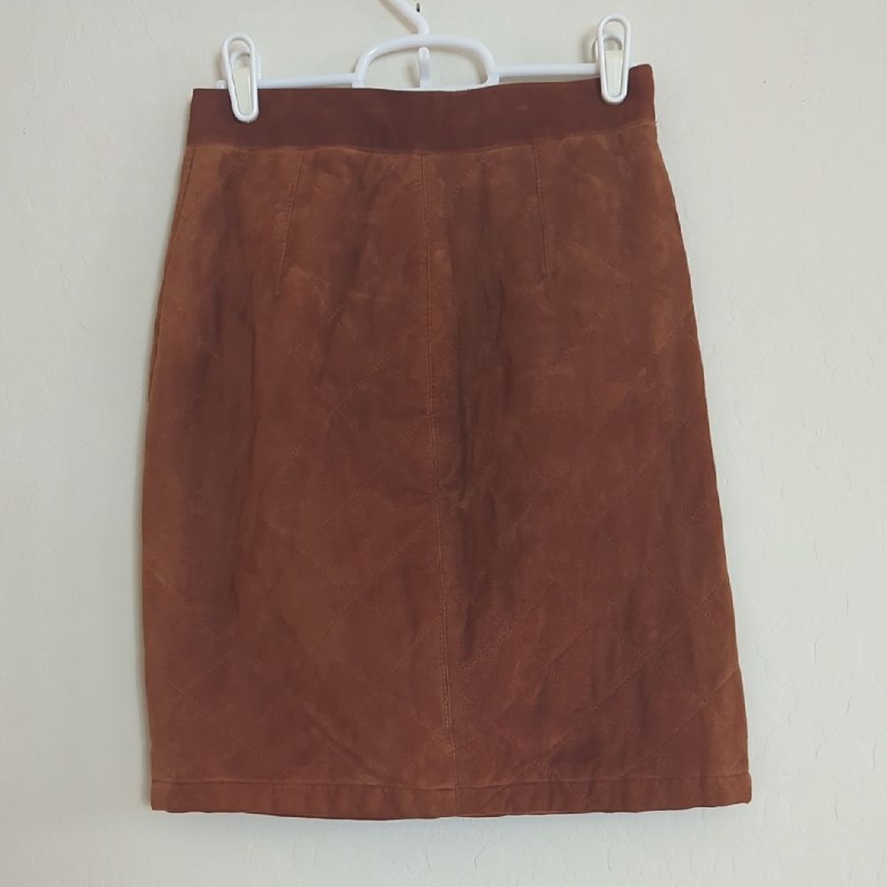 Vtg 90s Michael Kors Brown Suede Leather Quilted Pencil Skirt - Size 4